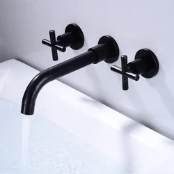 Antieke Zwarte Messing Dubbele Handvat Wandmontage Badkamer Sink Mixer Hot & Koud Wastafel Chrometap Wit/Gepolijst Gouden Kraan