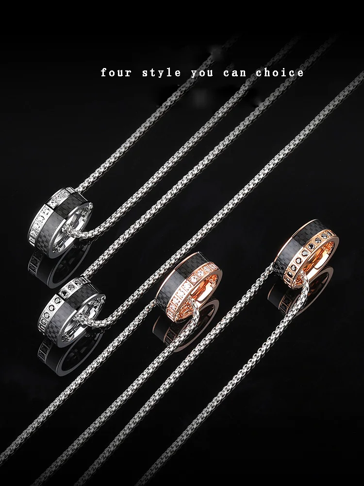 High Polished Tungsten Carbide Pendant Necklace inlay Black Carbide Fiber & Shiny CZ Stones with Titanium Chain 55CM