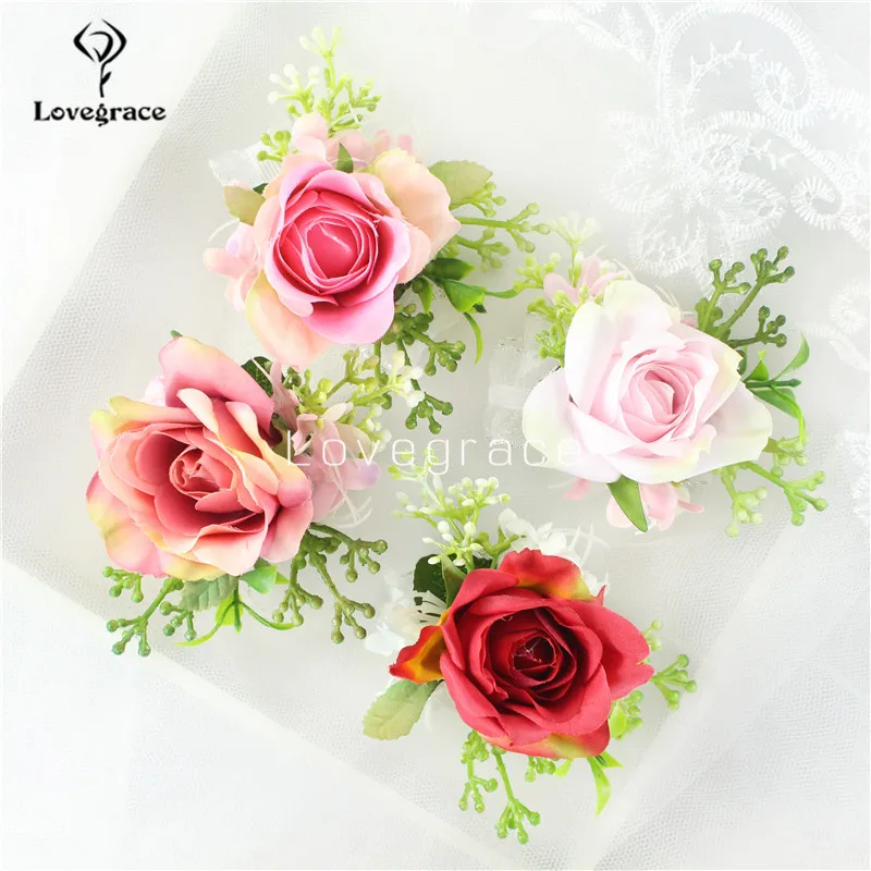 Lovegrace Blume Im Knopfloch Blume Hochzeit Braut Handgelenk Corsage Mädchen Armband Seide Rose Prom Party Männer Knopfloch Pin Frauen Corsagen