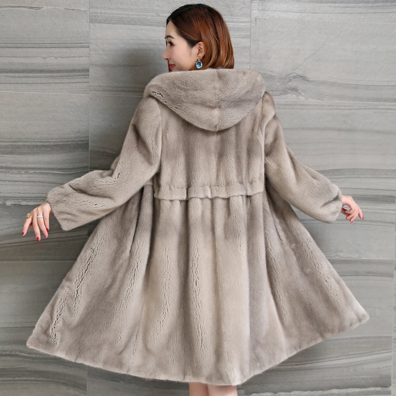 2023 New Real Mink Fur Women x-Long Skirt Coat With Fur Hood Winter  Warm Thick  Whole Mink Fur Thick Jacket