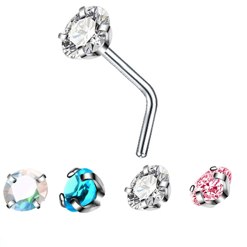 Crystal L Shape Nose Stud Set Stainless Steel