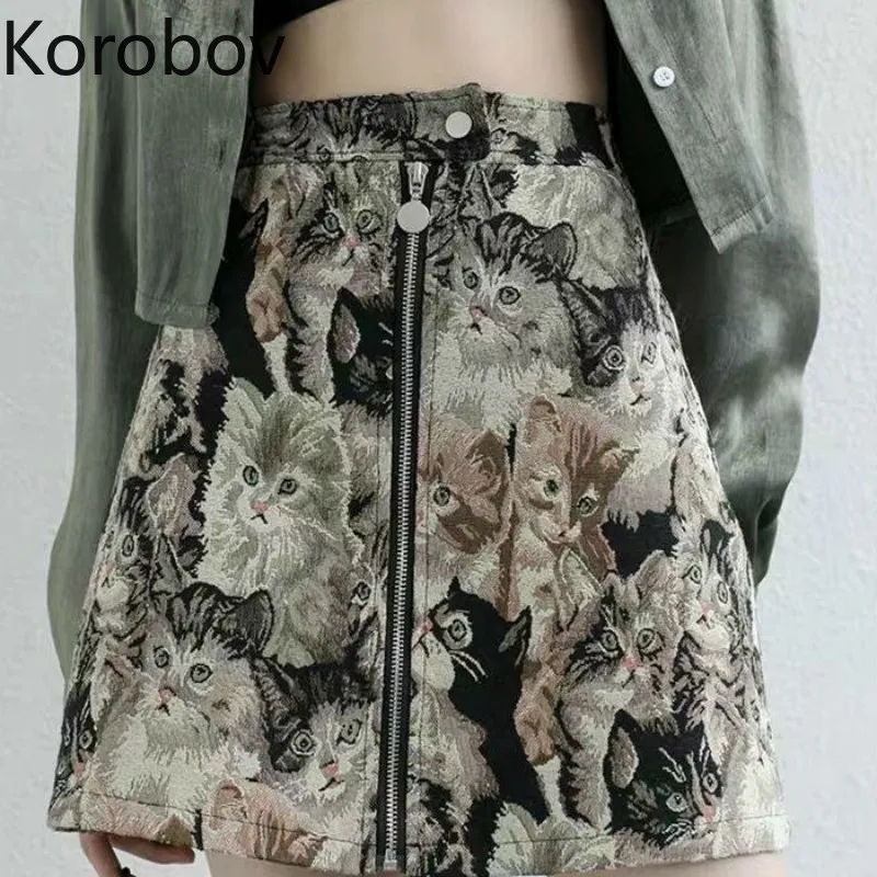 Korobov Women Cat Pattern Skirts Korean High Waist A-Line High Waist Falda Mujer Vintage Cartoon Female Skirt 79124