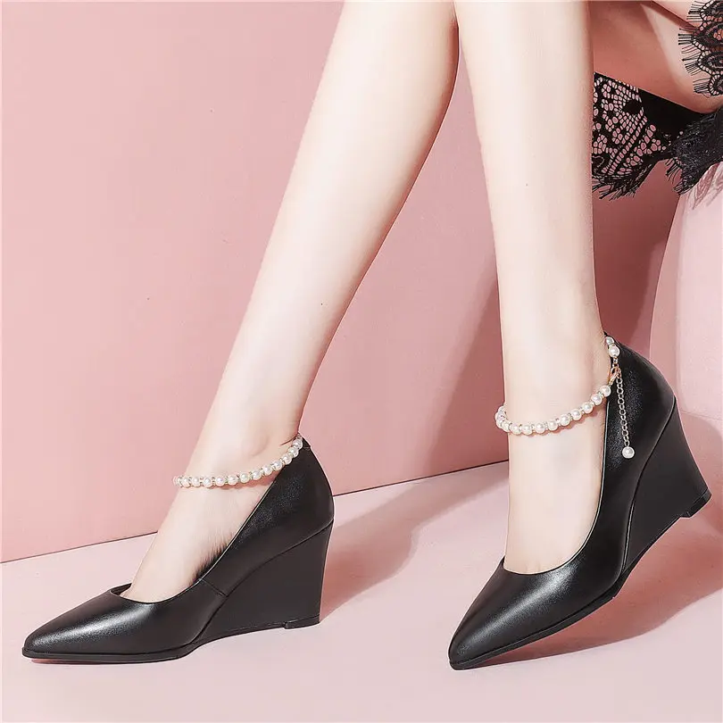 Sexy Women's Cow Leather Pointed Toe Party Pumps Wedge Heel Pearls Ankle Strap Wedding Party Shoes 34-42