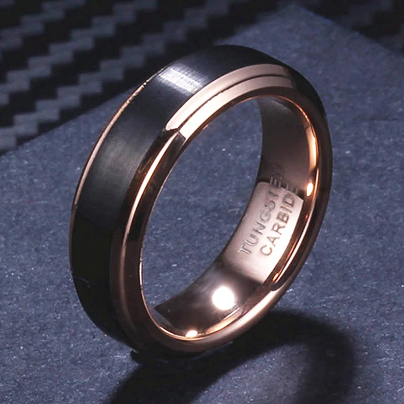 Rose Gold Color Rings for Men Black Tungsten Carbide Wedding Band Cool Finger Ring Couple Lovers Jewelry Comfort Fit Wholesale