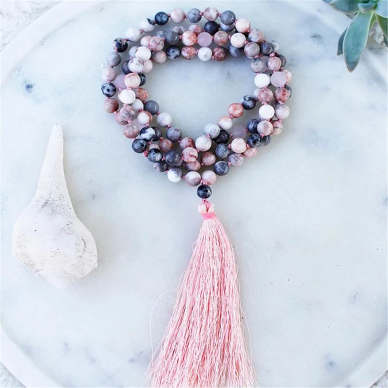 

6mm Pink Zebra stone 108 Beads Gemstone Tassel Mala Necklace Spirituality Religious Healing Prayer Blessing Yoga Buddhism Men