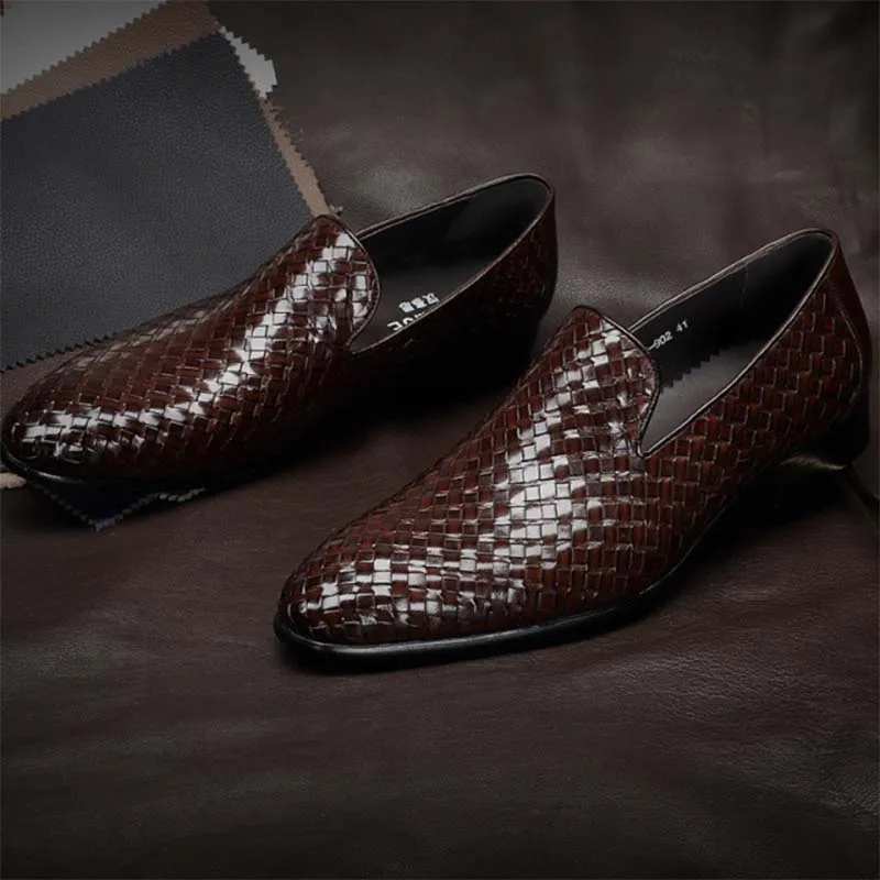 Sipriks Mens Woven Leather Casual Shoes British Style Dark Brown Leisure Shoe Pointed Gents Suit Dress Wedding Loafers Elegant