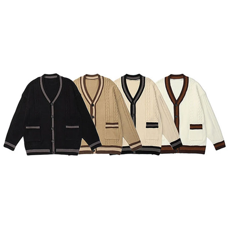 Vintage Spliced Color Cardigan Knitted Sweater Men Harajuku Hip Hop Streetwear Loose Woman Casual Return Cardigan Sweater Coats