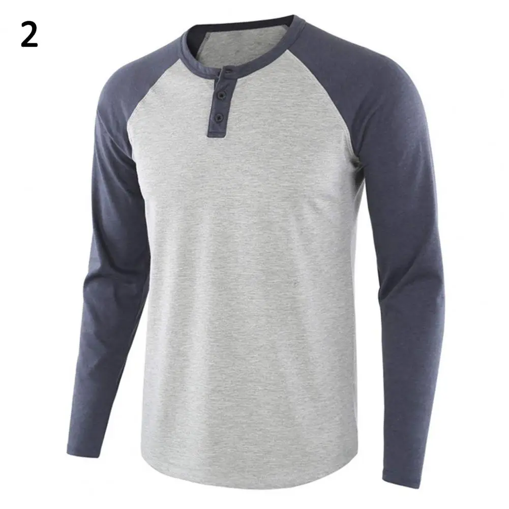 80% HOT Casual Men\'s Long-sleeved T-shirt Autumn O-neck Long Raglan Sleeves Color Matching T-shirt Button Pullover Tops