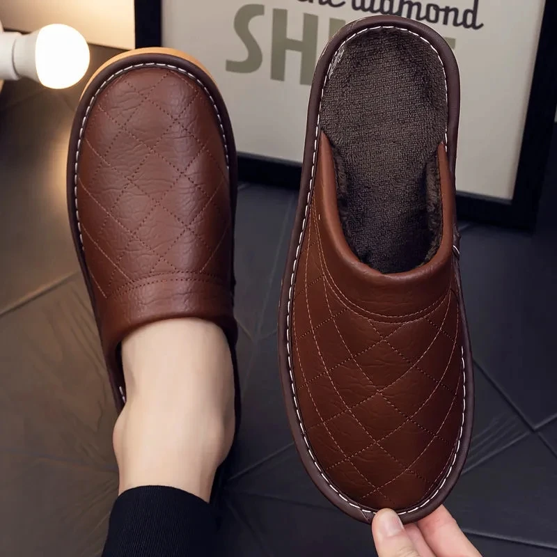 Luxury Genuine Leather Handmade Men House Slippers Winter Slip On Soft Comfort Black Brown Bedroom Indoor Flat Men Shoes 2021