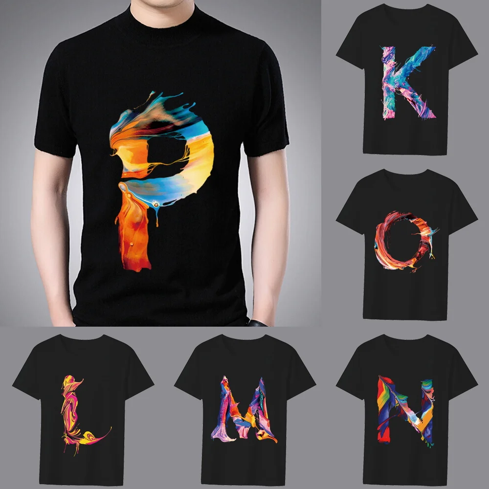 Fashion T-shirt Black Men\'s Paint Pattern 26 English Alphabet Paint Hot Stamping Series Casual O-neck Commuter Comfortable Top