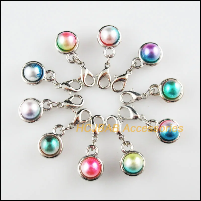 20 New Round Caps 11x15mm Charms Dull Silver Plated Mixed Ball Acrylic Retro With Lobster Claw Clasps