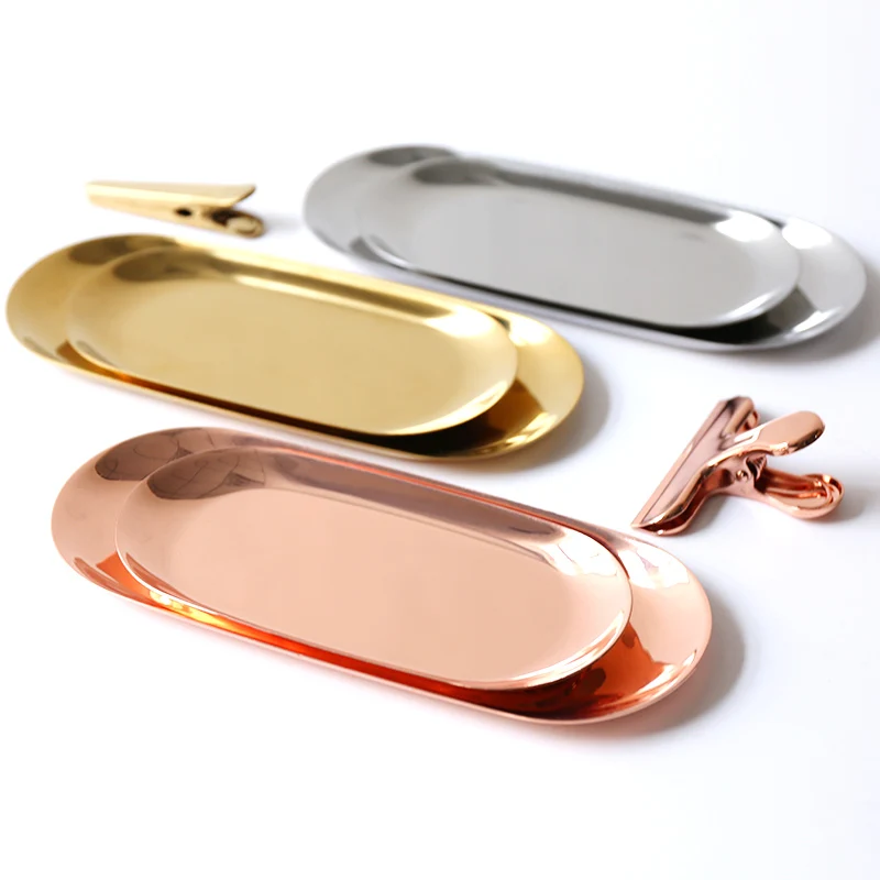 

Stainless Steel Storage Tray Dish Jewelry Ring Organizer Bread Dessert Plate Golden Oval Plate Desktop Decoration 1pc