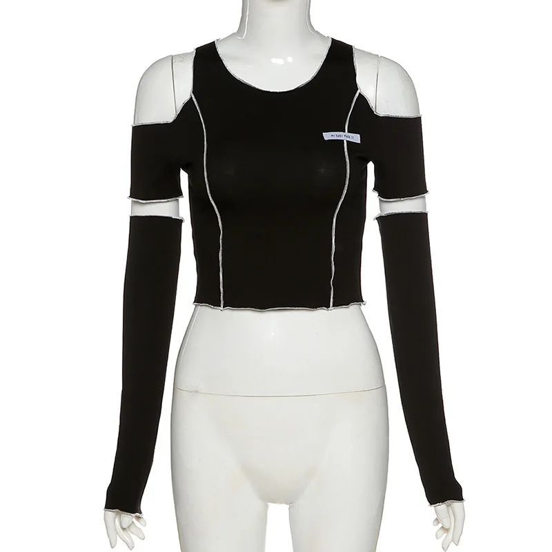 Patchwork Black T-shirts Gothic One Shoulder Sleeve Crop Tops Ruffles Hem Hip Hop Techwear Women Tees image 4