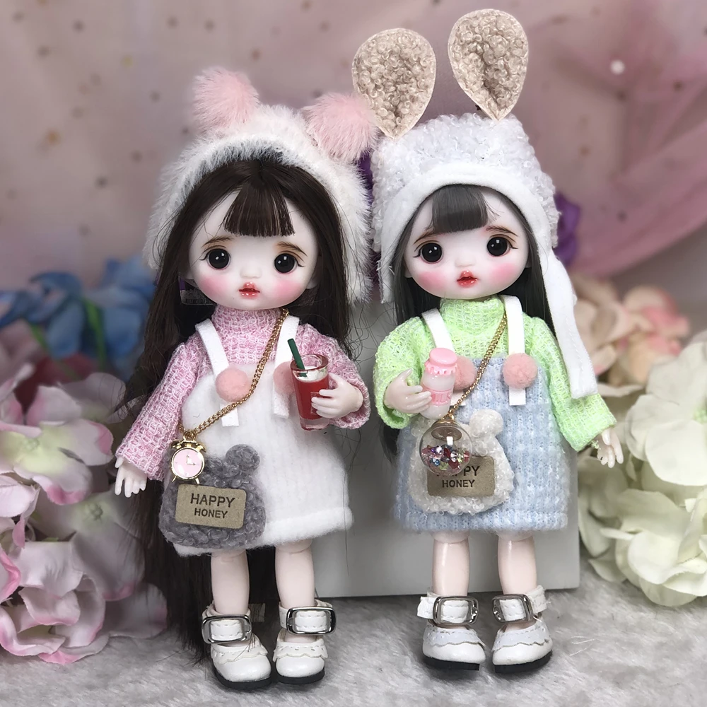 OB11 1/8 Scale 16CM BJD Doll Cute Delicate Face Up With Wig & Clothes Full Set Doll Obitsu11 Body Figure Children Model Toy Gift