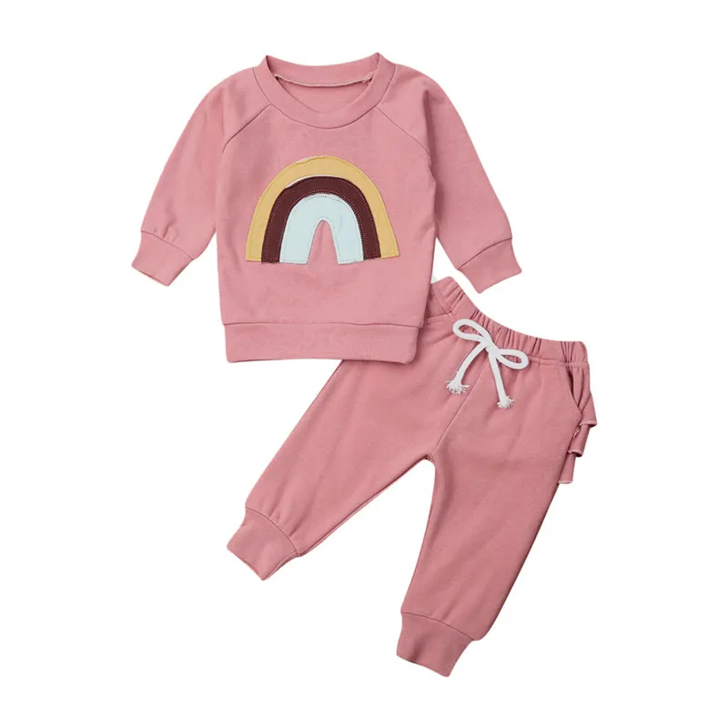 2pcs Newborn Infant Baby Girl Clothes Set Rainbow Long Sleeve Hoodie Tops Ruffle Leggings Pants Fall Winter Outfits 0-3Y