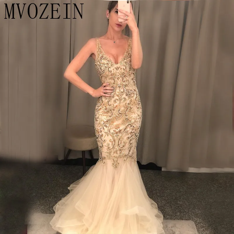 Mvozein Gold Mermaid Evening Dersses คริสตัลลูกปัดซาติน Tulle Gowns ชุดราตรียาวอย่างเป็นทางการชุด Abendkleider