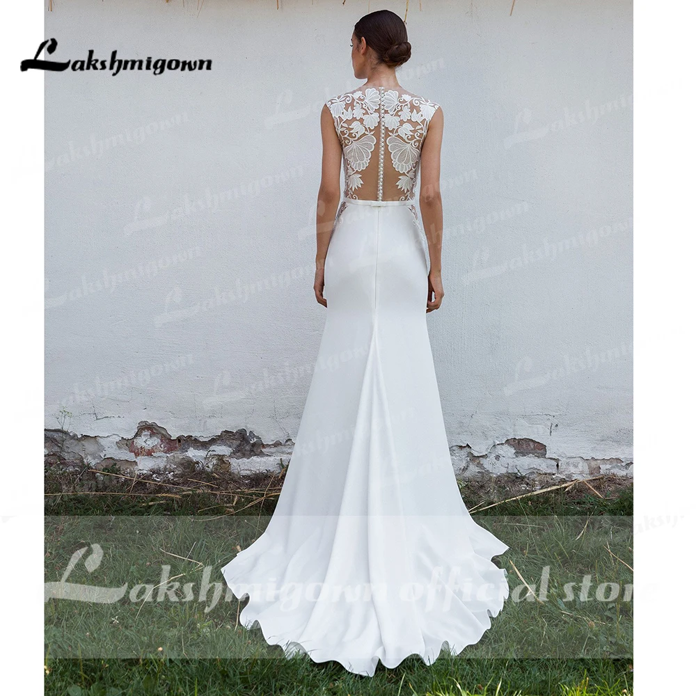 Sexy Satin Mermaid Wedding Dresses 2022 See Through Illusion High neck White Bridal Gowns with Lace Appliques Lakshmigown