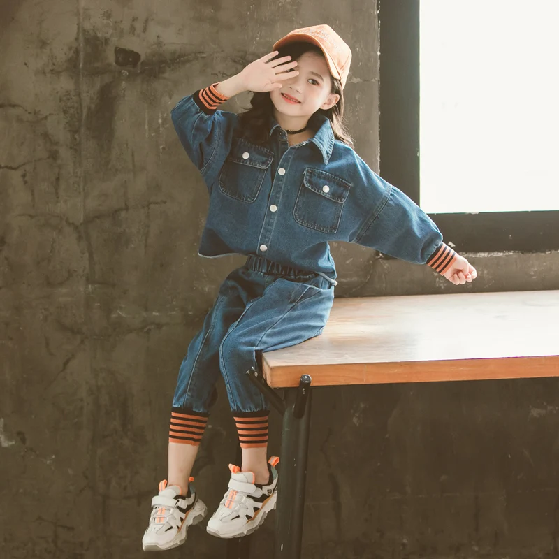 Girls Fashion Denim Clothing Set Spring Autumn Kids Leisure Threaded Cuff Custome Children's Striped Spliced Clothes Suit P197