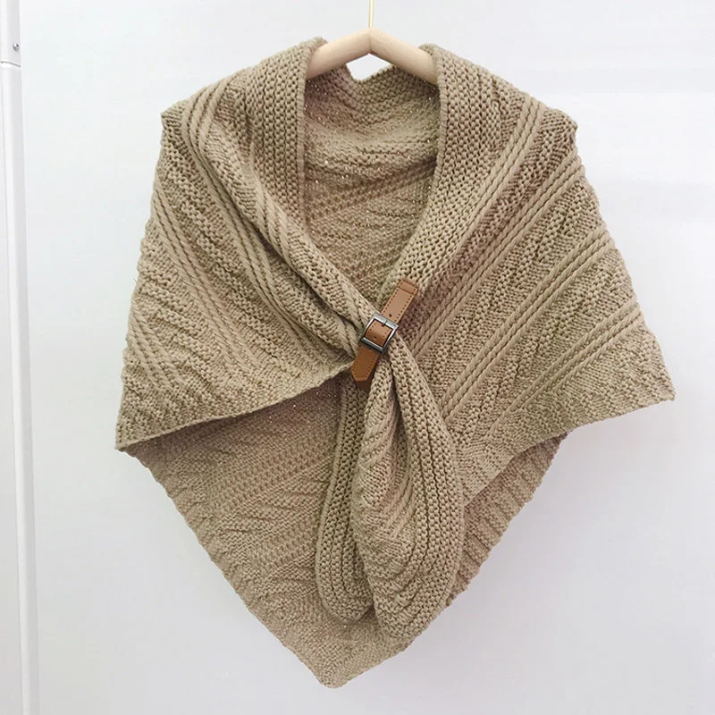 Large Solid Triangle Scarf Ponchos Women Winter Knitted Capes Tippet Office Warm Shawl Wraps Belt-Lock Shrug Szalik Zimowy Stole