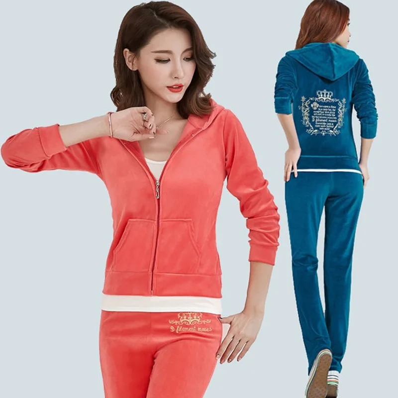 2023 Fall Women Elegant Velvet Tracksuit 2 Piece Set Women Winter Embroidery Long Sleeve Zip Hooded Jacket Tops +Long Pants Suit