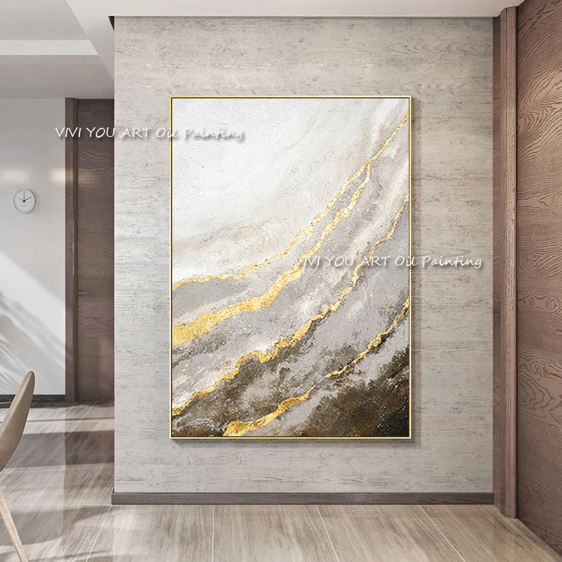Neutral Mountain Abstract Canvas, Shimmering Gold Leaf Veins, Hand‑Painted Vertical Art For Elegant Modern Entryway