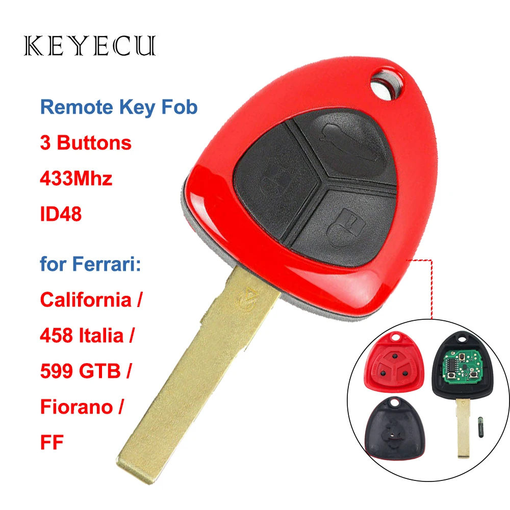 

Keyecu 3 Buttons Remote Smart Car Key 433MHZ Complete Key for Ferrari 458 Italia California 599 GTB Fiorano FF ID48 Chip