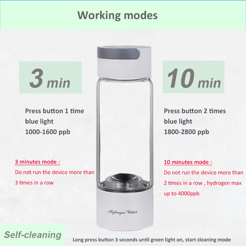 صانع زجاجة ماء الهيدروجين ، كيو 10 ، 3000 جزء في المليون مع مجموعة التنفس H2 ، جسم زجاجي ، تقنية SPE ، توليد الهيدروجين جزيئي نقي غني ،