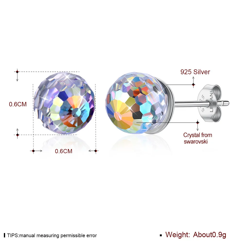 LEKANI Crystals Round Ball Sterling Silver 925 Stud Earrings Fine Jewelry for Female Party Gift