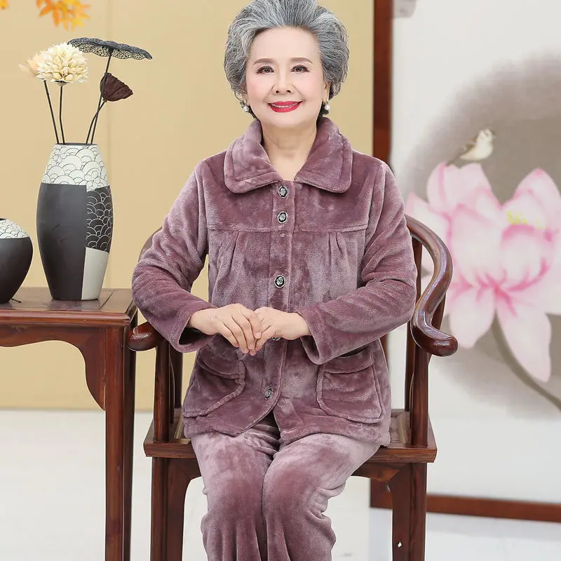 Elderly grandma pajamas flannel loose 2024 autumn winter warm long-sleeve trousers home service suit Solid casual two-piece suit