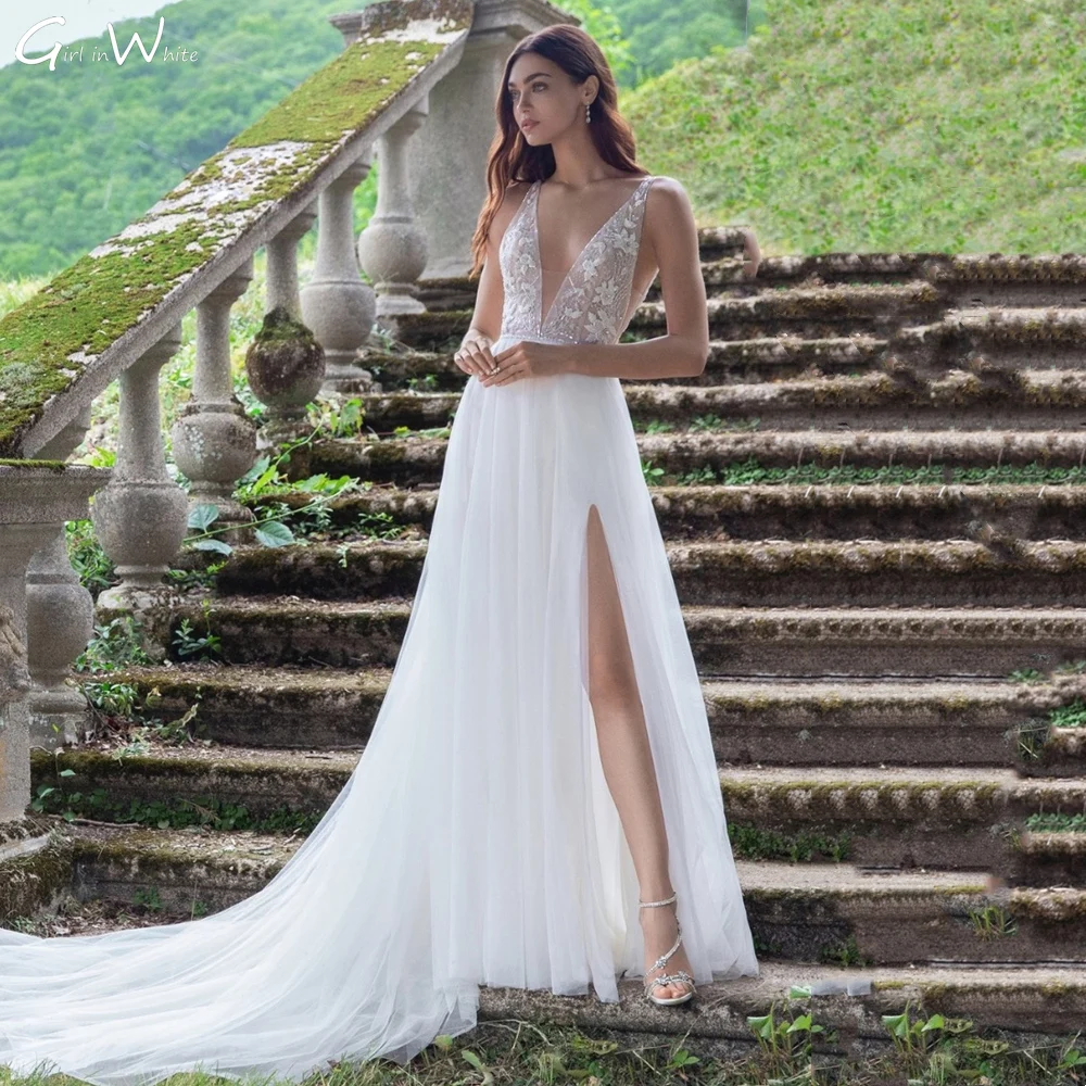 Sexy fenda simples rendas vestidos de casamento beadings a linha profundo decote em v roupões de noiva manga tanque vestido de noiva novia