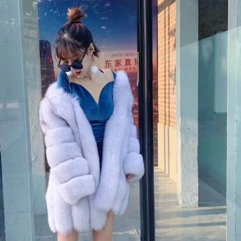 Blue Fox Fur Hooded Coats Women Winter Warm Outerwear High Quality Genuine Fox Fur   Thick Fur Coat 2022 New