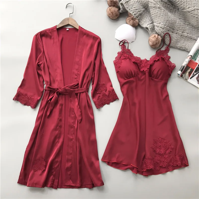 Lisacmvpnel Lace Sexy Women Robe Set V-Neck With Chest Pad Nightdress Cardigan Set Nightwear