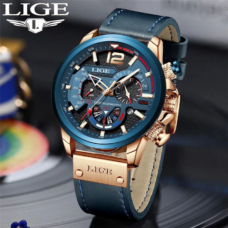 LIGE New Mens Watches Top Brand Luxury Leather Sport Watch Men Fashion Chronograph Quartz Man Clock Waterproof Relogio Masculino