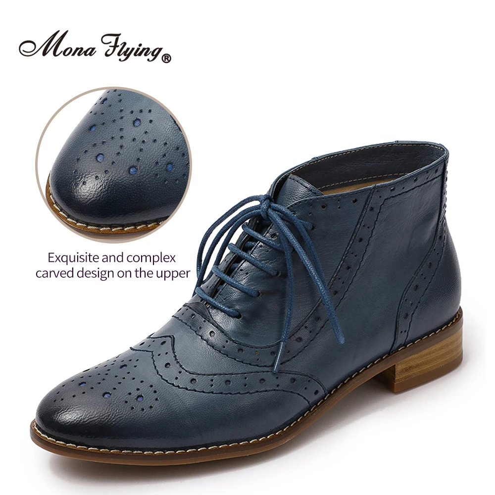 Mona Flying Womens stivali Brogue con lacci in vera pelle stivaletti corti stivaletti Oxford con tacco alto e tacco alto per donna 068-18