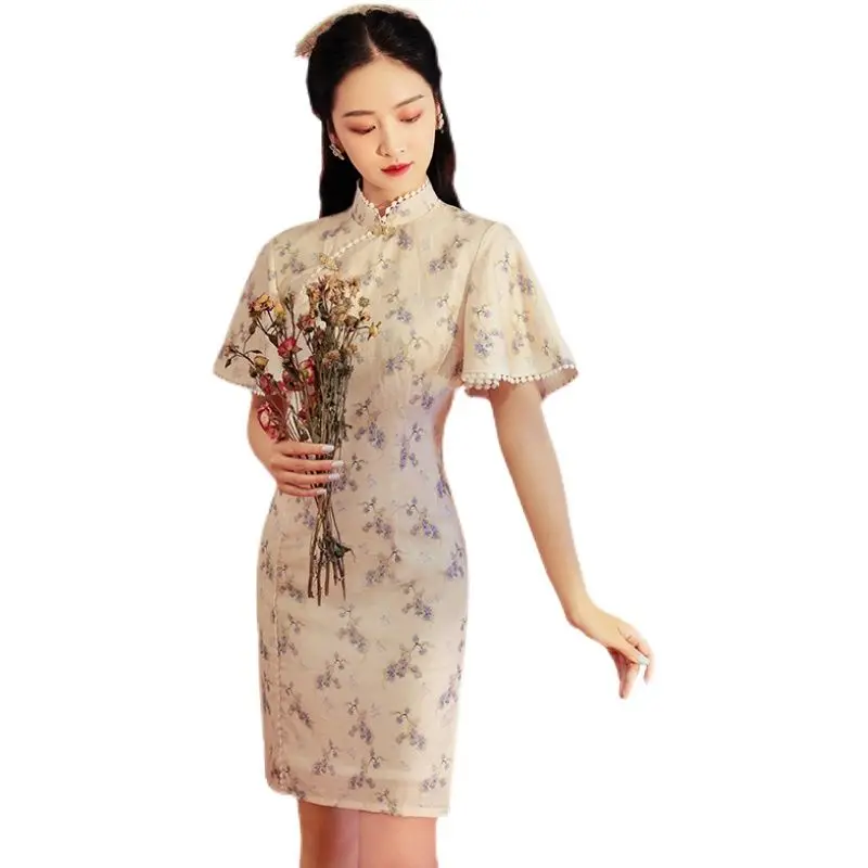 Floral Improved Cheongsam Chinese Lady Summer Dress Elegant Young Girly Qipao Vintage Oriental Women Party Dresses Vestidos