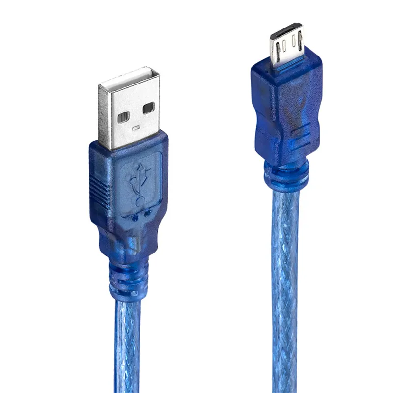 Micro USB 2.0 USB-A to Micro-B แบบ Dual ถักฟอยล์โปร่งใสสีฟ้า 0.3m 0.5m 1.0m 1.5m 3m 5m