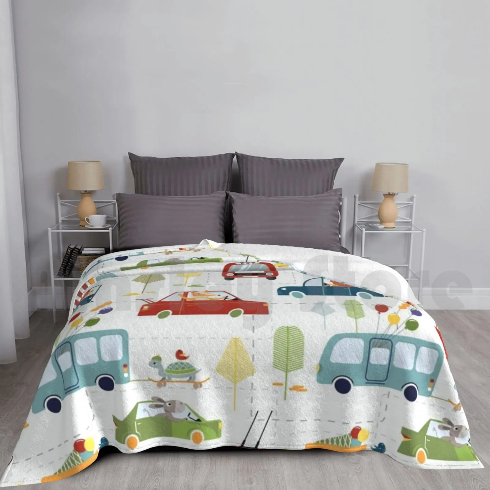 Happy Escape From The Zoo Pattern Blanket Fashion Custom Trolleybus Bus Car Vehicle Animals Lion Donkey