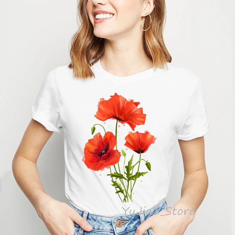 Watercolor Red Poppies Flowers Printed White T Shirt Summer Hipster Women T Shirts Casual Tops Cute Short T-Shirts For Girl