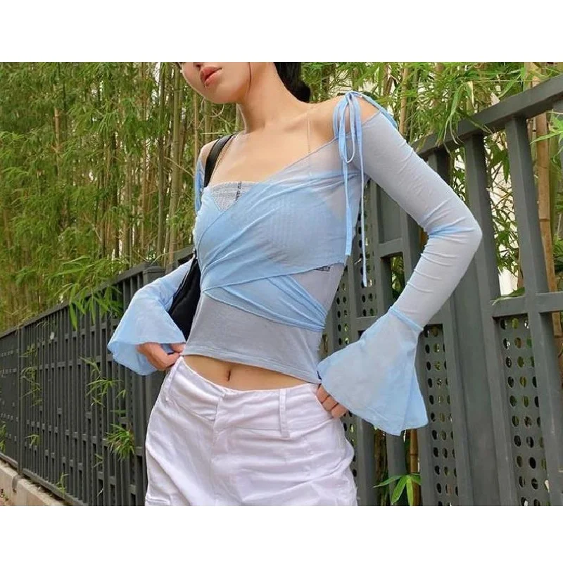 Y2K Women’s Casual Trumpet Sleeve T-shirt Fashion Solid Color Mesh Yarn Exposed Navel Tops Spring Autumn Tee Shirt