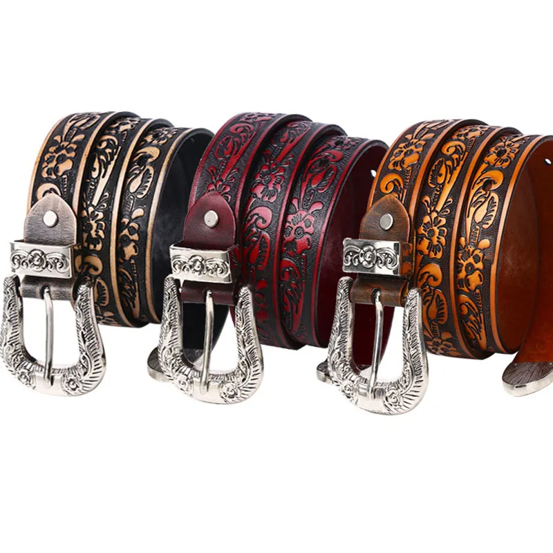 Embossing Stamp Male Genuine Cowhide Punk Metal Pin Buckle Belt Men Waistband Real Cow Leather Punk Jeans Cowskin Belts News