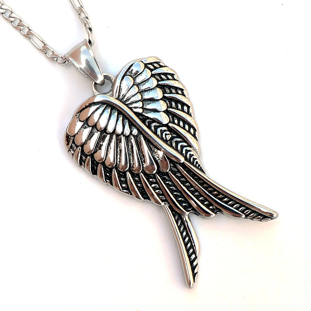 AsJerlya 2021 New Angel Wings Pendant Necklace For Men Women 316L Stainless Steel Rosary Beads Necklace Religious Jewelry