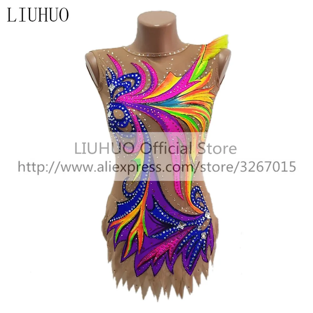 LIUHUO Women\'s Girls\' performance Rhythmic gymnastics competition Leotard Artistic Costume Ice Skating Dress CrystalsMulticolor