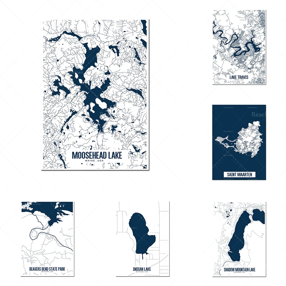 Lake Travis, Kentucky Lake, Indian Lake, Lake Superior Massachusetts, Lake Barton Michigan, Los Angeles map poster