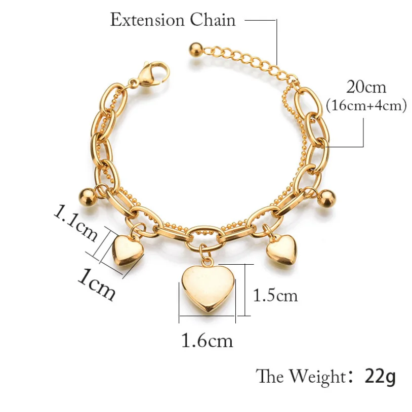 316L Stainless Steel New Fashion Upscale Jewelry 2 Layer Lovers 3 Gradients Love Heart Thick Chain Bracelets For Women