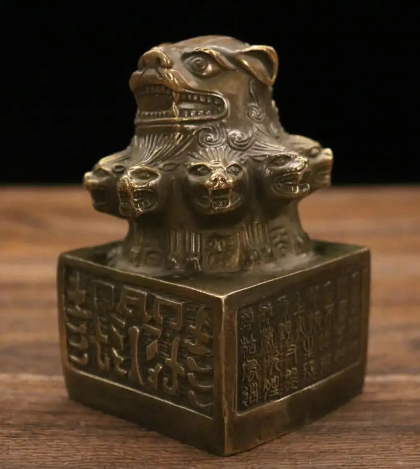 Archaize brass nine head lion seal office desktop decoration small crafts statue