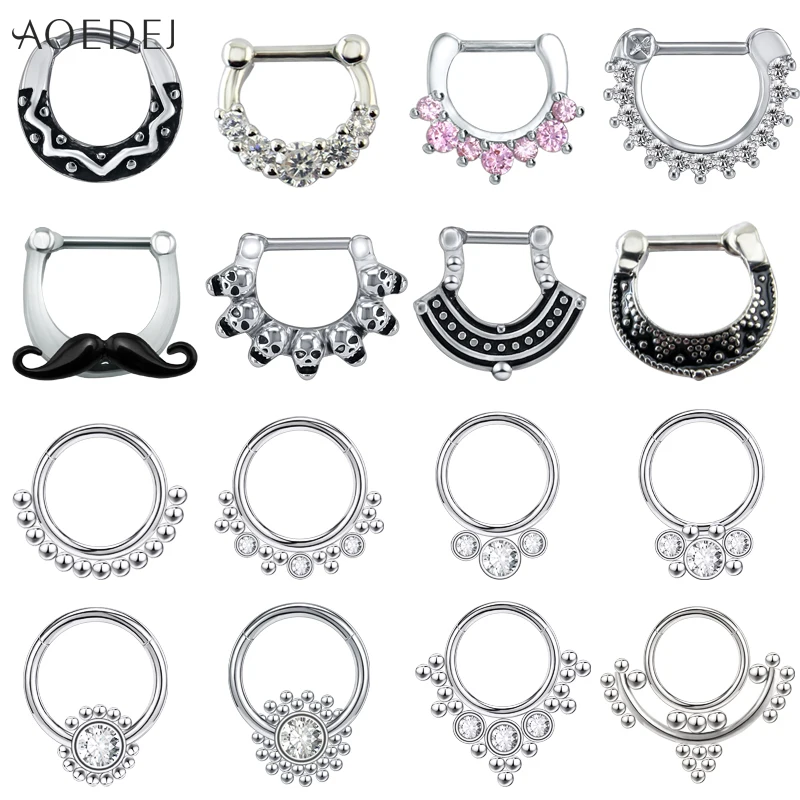 AOEDEJ 16g Stainless Steel Crystal Nose Septum Rings for Women Men Round Mustache Septum Nose Clicker Hoop Conch Helix Piercing