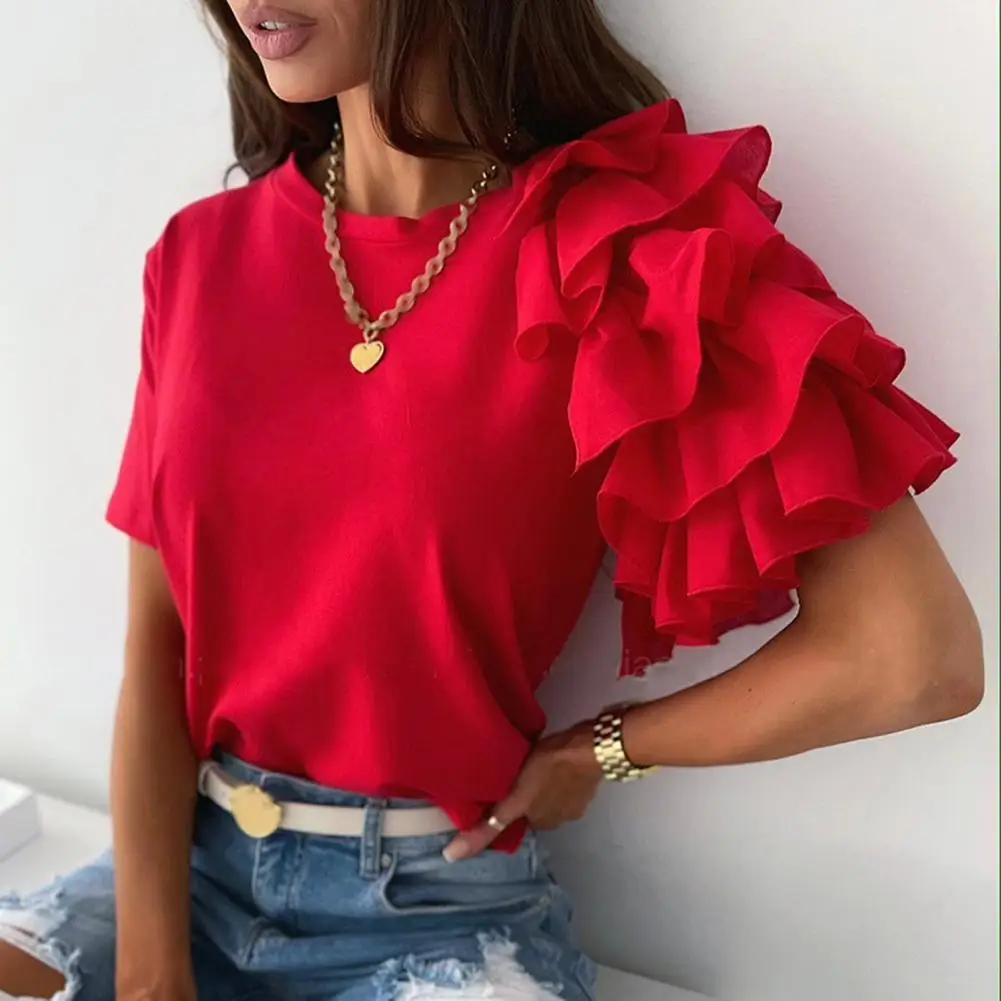 Fashion T-shirt Women t shirt Layered Ruffle Short Sleeve Solid Color Asymmetric Loose T-shirt Tees Top for Summer 2021