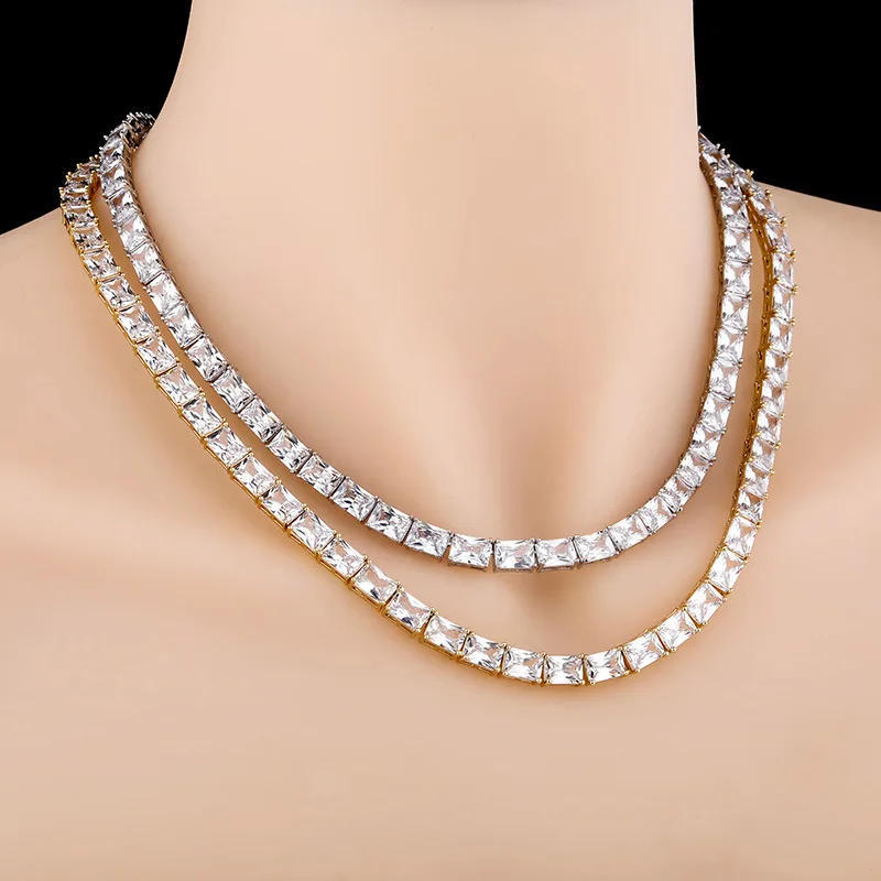 

6mm Bling CZ Cubic Zirconia Baguette Tennis Chain Necklace Bracelet Square Diamond Hip Hop Gold Jewelry Bijoux Collier for Women