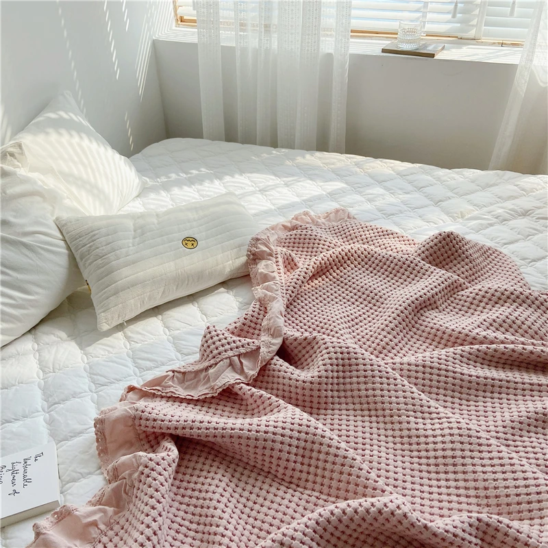 Muslin Waffle Plaid Bed Sofa Lace Throw Blankes For Home Office Summer Double Quilt Thin Bediing Linen Children's Cover Blanket