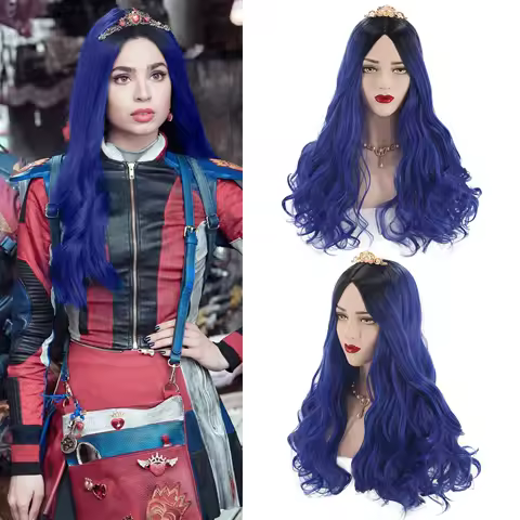 Movie Descendants 3 Evie Anime Cosplay Wig Halloween Carnival Party For Adult Dark Blue Ombre Black Long Wavy Wig 65cm + Wig Cap